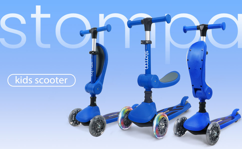 Дитячий самокат-триколісник 2 в 1 Stompa Roller для дітей від 2 років (до 50 кг), з LED-колесами, складаним сидінням та регулюванням висоти, синій
