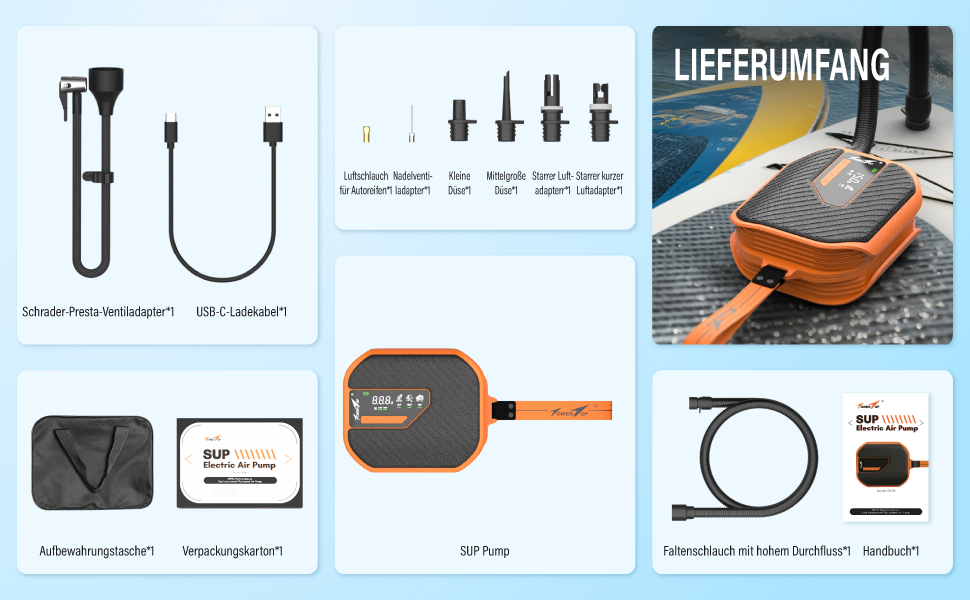 Електрична SUP-насос TowerTop 10500mAh з акумулятором 50PSI, 8 насадок, HD-LCD дисплеєм для SUP, човнів, авто. Двоступеневий насос з охолодженням
