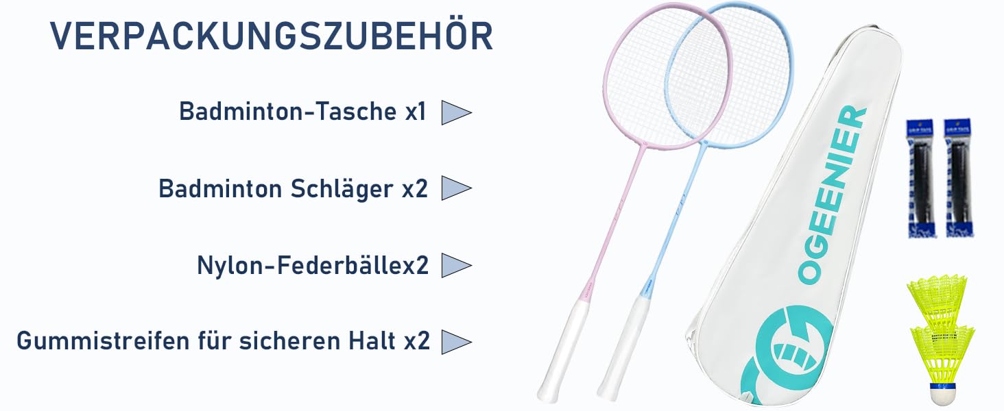 Набір для бадмінтону OGEENIER: 2 ракетки, 2 ручки, 2 волана, 1 ракетка з сумкою (білий, рожевий+блакитний, 3 1/4 дюйми)