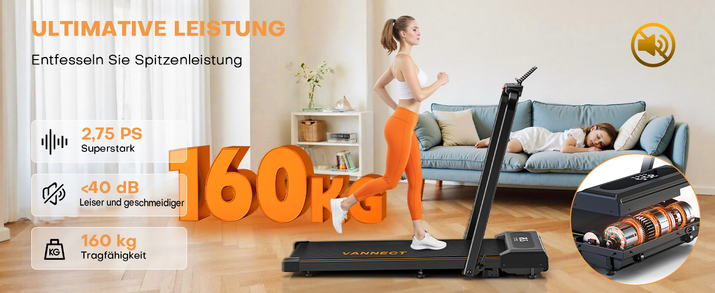 VANNECT Walking Pad - складане бігове полотно для дому, 1-12 км/год, кут нахилу 9%, LCD-дисплей, дистанційне керування, 150 кг, помаранчеве