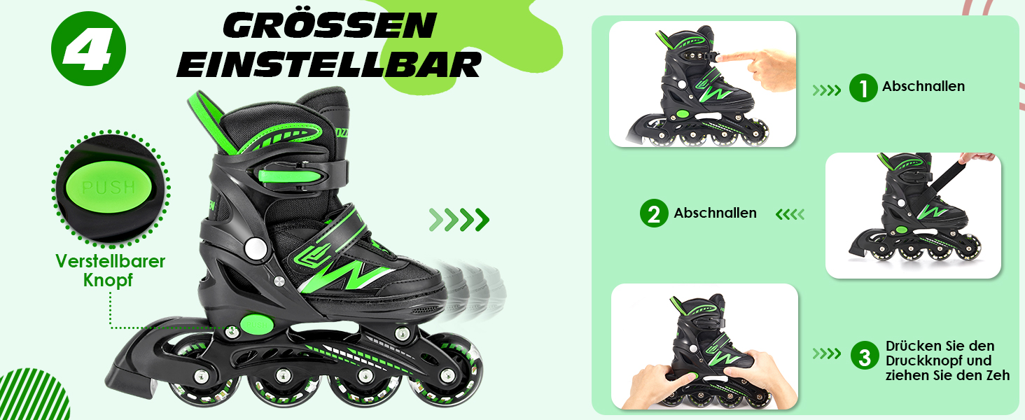 Роликові ковзани Hozzen для дітей, регульовані, ролики для дівчаток та хлопчиків, ролики з колесами, що світяться в темряві, ролики для використання в приміщенні та на вулиці, чорно-зелені