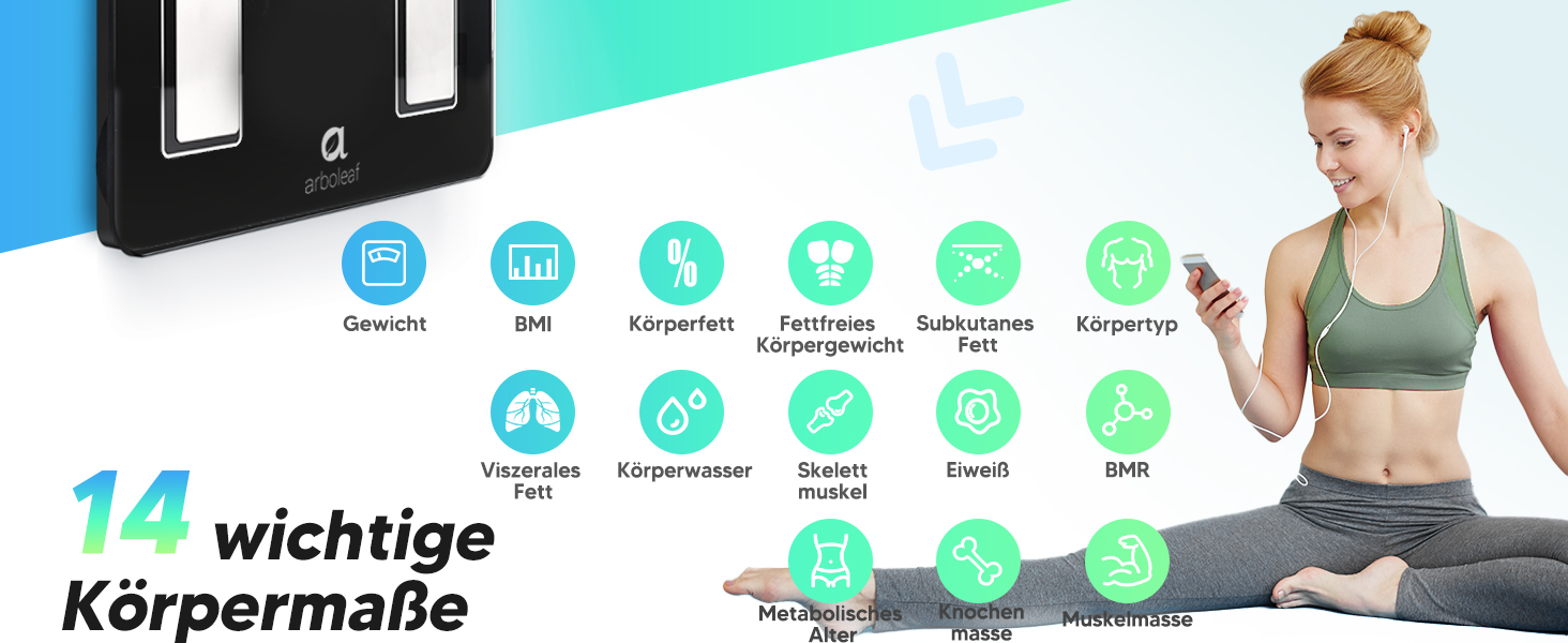 Електронні ваги Arboleaf з визначенням складу тіла, Bluetooth, LED-дисплей, до 180 кг, чорний