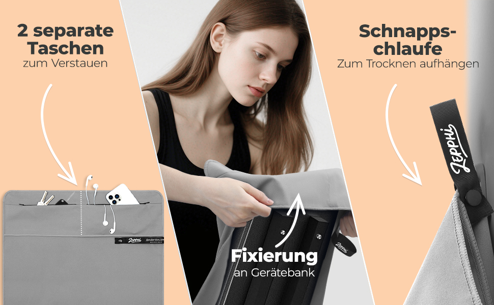 Рушник для фітнесу Zepphi: 120x50 см + 80x30 см | Мікрофібра, кишеня на блискавці | Швидковисихаючий, для спортзалу та тренувань