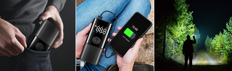 Електричний насос Viafexna 6000mAh, 150 PSI, з манометром для авто, велосипедів, м'ячів, матраців, лампа та Powerbank