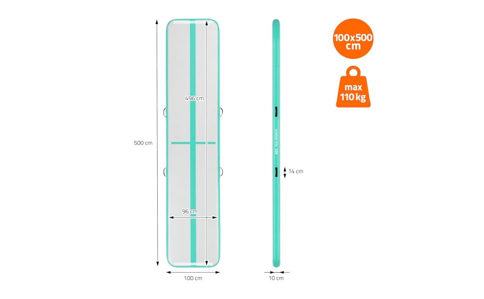 Гімнастичний мат Airtrack ECD Germany для тумблінгу та фітнесу, надувний мат для гімнастики 500x100x10 см, м'ятно-зелений, з електричним насосом та сумкою