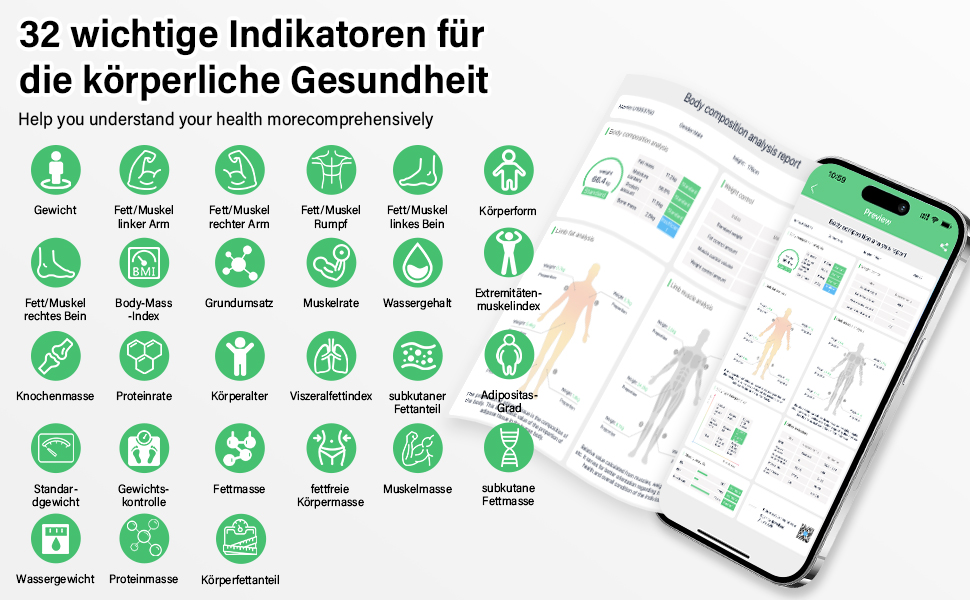 Вага для вимірювання жиру в тілі з датчиками рук, 8 електродів, цифрова вага з LCD дисплеєм, точна вага для вимірювання жиру та м'язової маси з APP, 32 показники, для вимірювання жиру, ІМТ та інше FRKG78-BT