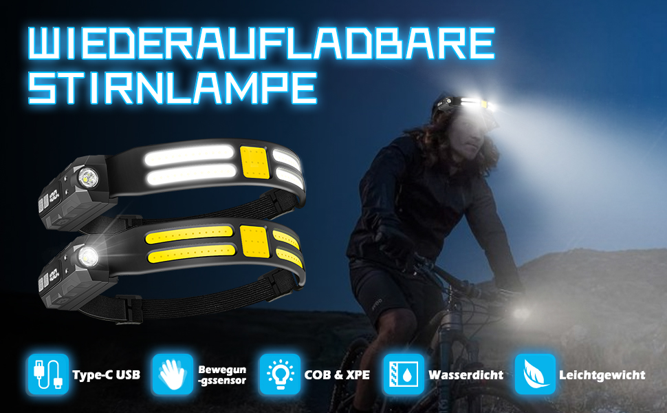 Налобний ліхтар LED, перезаряджається, 230° широкий кут огляду, 6 режимів світла, сенсор, водонепроникний, легкий, для бігу, риболовлі, туризму