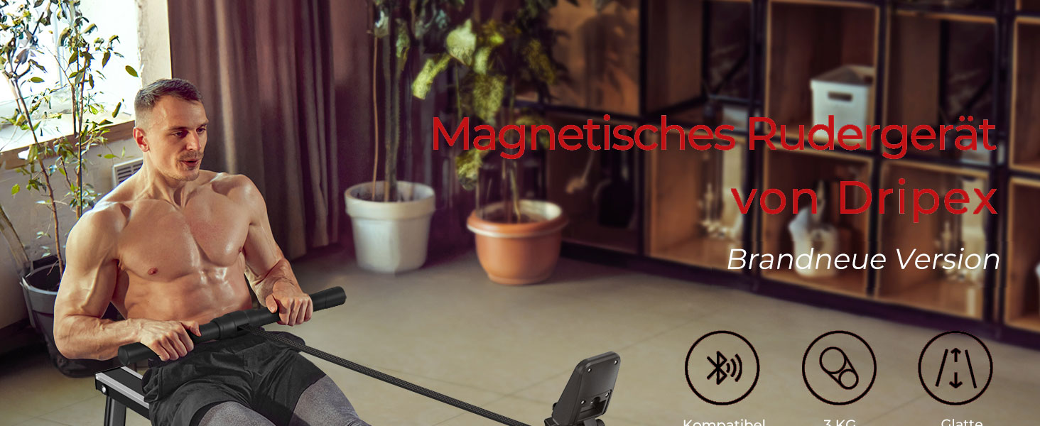 Дріпекс - тренажер для дому, бігова доріжка для веслування, до 160 кг, 16 рівнів опору, Bluetooth, LCD, тихий, чорний