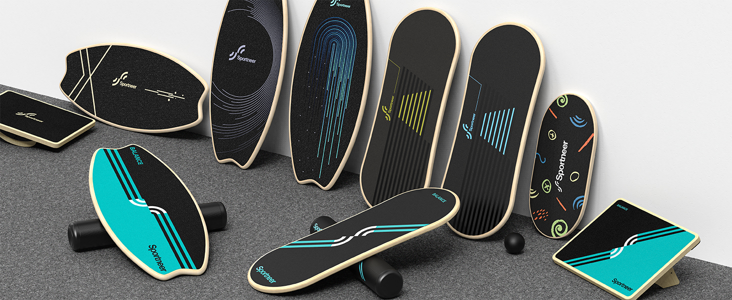 Sportneer Баланс Борд для Дорослих – 7-в-1 Дошка для Балансування, Серфінгу та Фітнесу, Дерев'яна, для Тренування, Реабілітації та Координації, з Роликом та М'ячем, Жовтого та Чорного кольорів (M, Синій та Чорний)