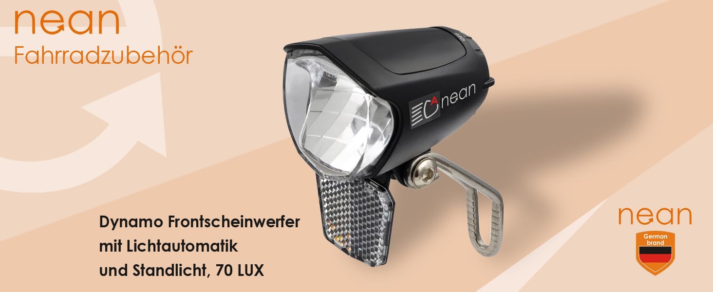 Світлодіодна передня фара для велосипеда Neon LED 70 LUX з динамо-генератором, автоматичним керуванням та стійким світлом (StVZO), чорна, з алюмінієвим радіатором