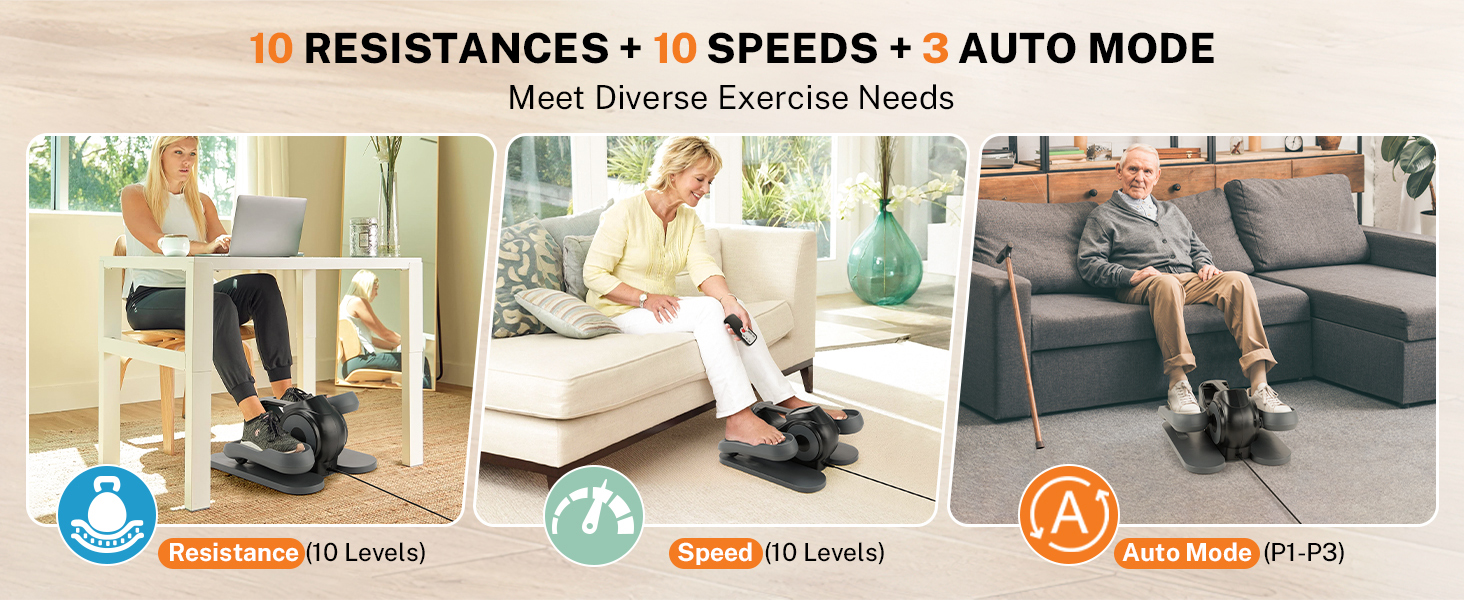 Еліптичний тренажер Gonex під стіл для літніх людей з 10 рівнями опору, тренажер для ніг, як у телепередачі, педальний тренажер, 10 швидкостей та 3 автоматичні режими, чорний