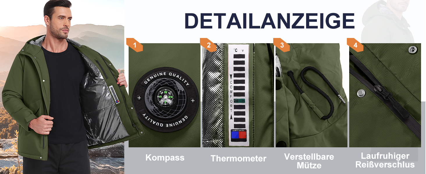 Зимова куртка для чоловіків, водонепроникна, тепла, з капюшоном та компасом (M) - Military Green