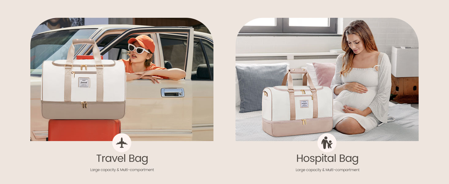 Сумка-валіза LOVEVOOK для жінок, 37L, для подорожей, вихідної подорожі, пологового будинку з косметичкою, відділенням для взуття та мокрих речей, водонепроникна спортивна сумка, Gym Yoga Bag, ручна поклажа для спорту, відпустки, літака, бежево-рожева