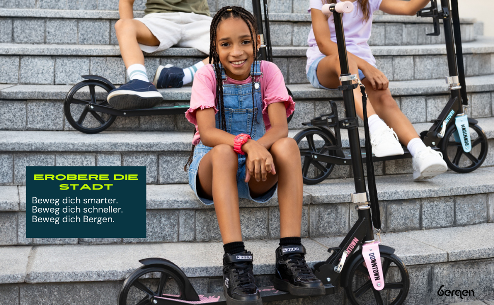 Самокат міський Bergen City Scooter Downtown, алюмінієвий, складаний, 3.3 кг, колеса 200 мм, регульована висота, для дітей від 6 років, підлітків та дорослих до 100 кг, чорний/рожевий