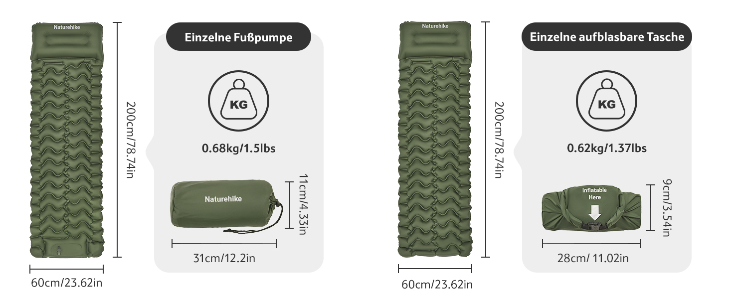Килимок для кемпінгу Naturehike, Ultraleichte Aufblasbare Schlafmatten, вбудований насос, для велосипеда, походу, намету, початковий рівень (Army Green, одинарний)