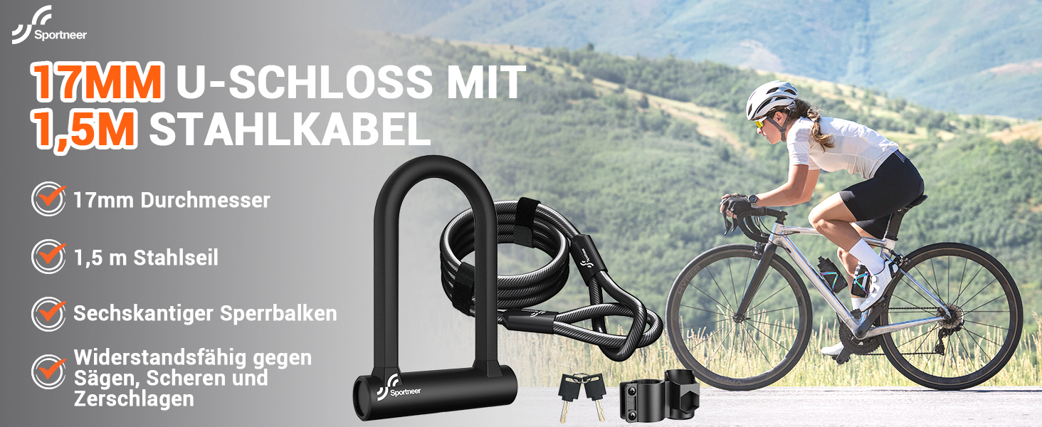 Замок для велосипеда Sportneer – міцний будівельний замок 17 мм з кабелем 1.5 м (для шосе, MTB, електровелосипеда, складаного велосипеда)