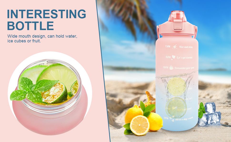 Спортивна пляшка для води MOMSIV 2L з трубочкою та відсіком для фруктів, з позначками часу, чорно-рожева, BPA Free