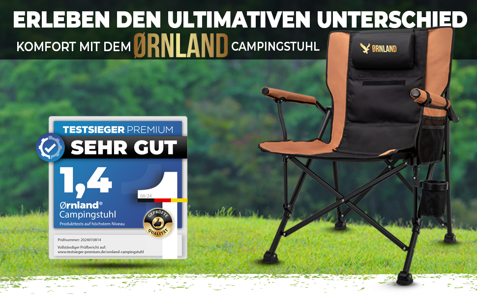 Складний туристичний стілець Ørnland для кемпінгу, риболовлі та пляжу - чорний/коричневий, до 150 кг, з кишенькою та підстаканником