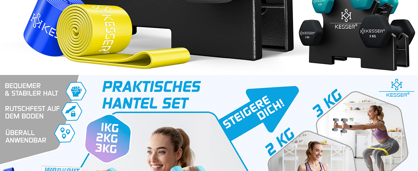 Набір гантелей KESSER® 18 кг з підставкою, 3 пари (1-5 кг), неслизьке неопренове покриття, з інструкцією та фітнес-гумками