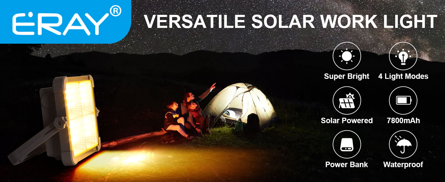 Сонячний прожектор ERAY 150W LED з акумулятором 7800mAh, 336 LED, 4 режими, 2 способи зарядки, портативний кемпінговий ліхтар та робоче освітлення для кемпінгу, гаража, надзвичайних ситуацій на відкритому повітрі, сірий