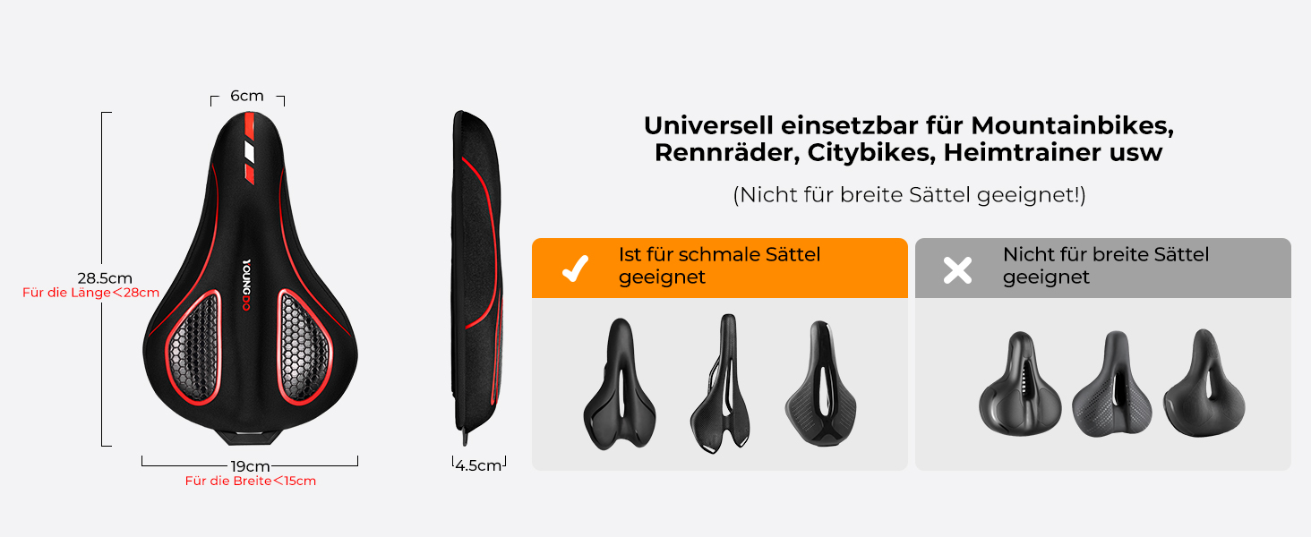 Покриття для велосипедного сидіння YOUNGDO, ергономічний гелевий чохол, м'яке та комфортне, з дощовим захистом, для жінок та чоловіків, червоний, вузький