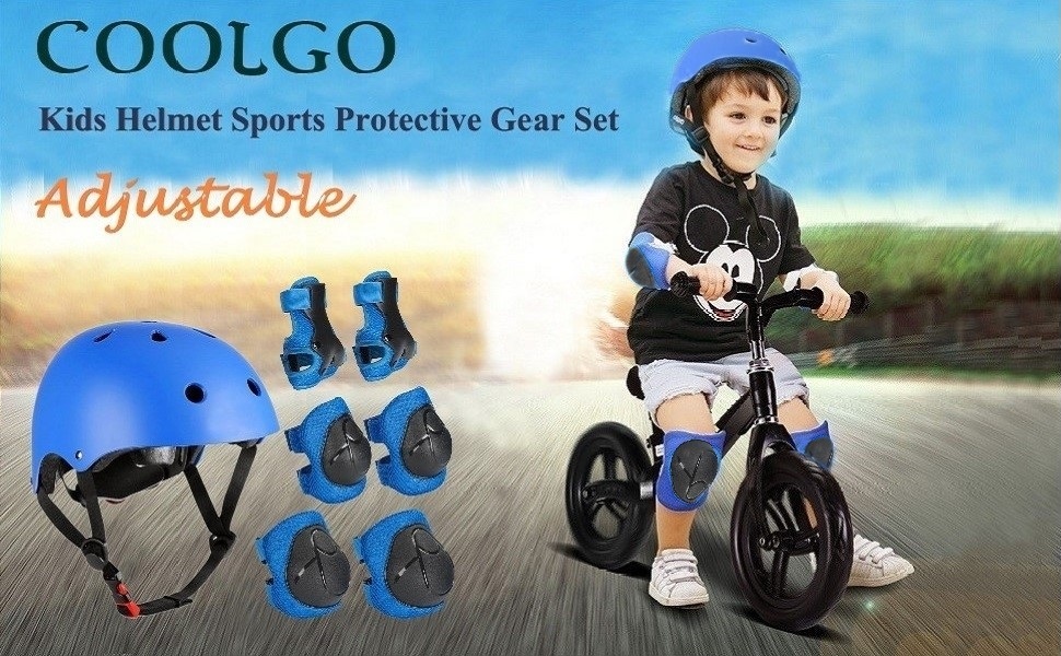 Шолом для скейтборду Kids, COOLGOEU 7 в 1 Protector Set Kids з наколінниками, налокітниками та наручниками для роликових ковзанів, скейтборду, гіроскутера, велосипеда, BMX велосипеда (синій)