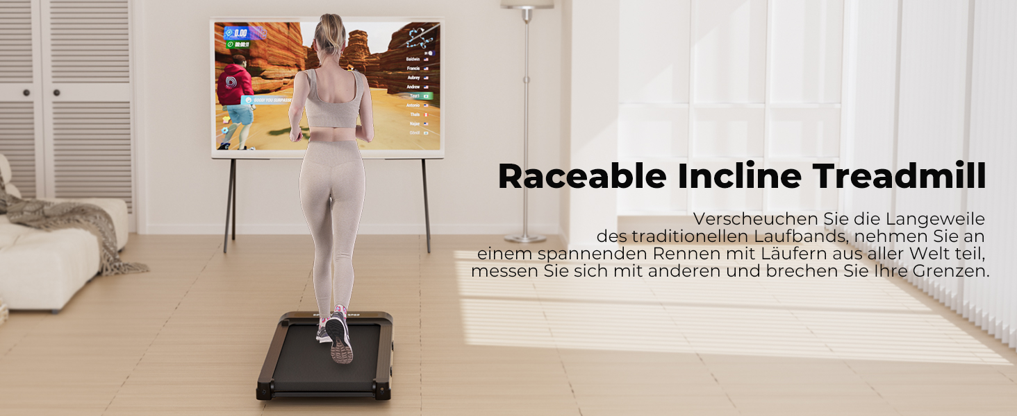 Біговий килимок Raceable з нахилом 9%, бігове полотно для дому, вантажопідйомність до 136 кг, керування через додаток, багатокористувацькі перегони, помаранчевий