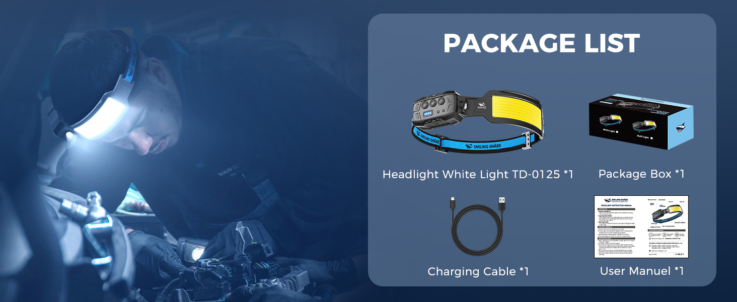 Налобний ліхтар Smiling Shark, 2 шт. LED-ліхтарик з датчиком руху, 270° освітлення, червоний стоп-сигнал для кемпінгу, риболовлі, ремонту, перезаряджається