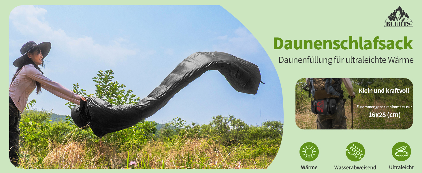 Спальний мішок BUERTS Daunen Summer, 620FP, компактний, для дорослих та підлітків, 16°C, для кемпінгу та хайкінгу