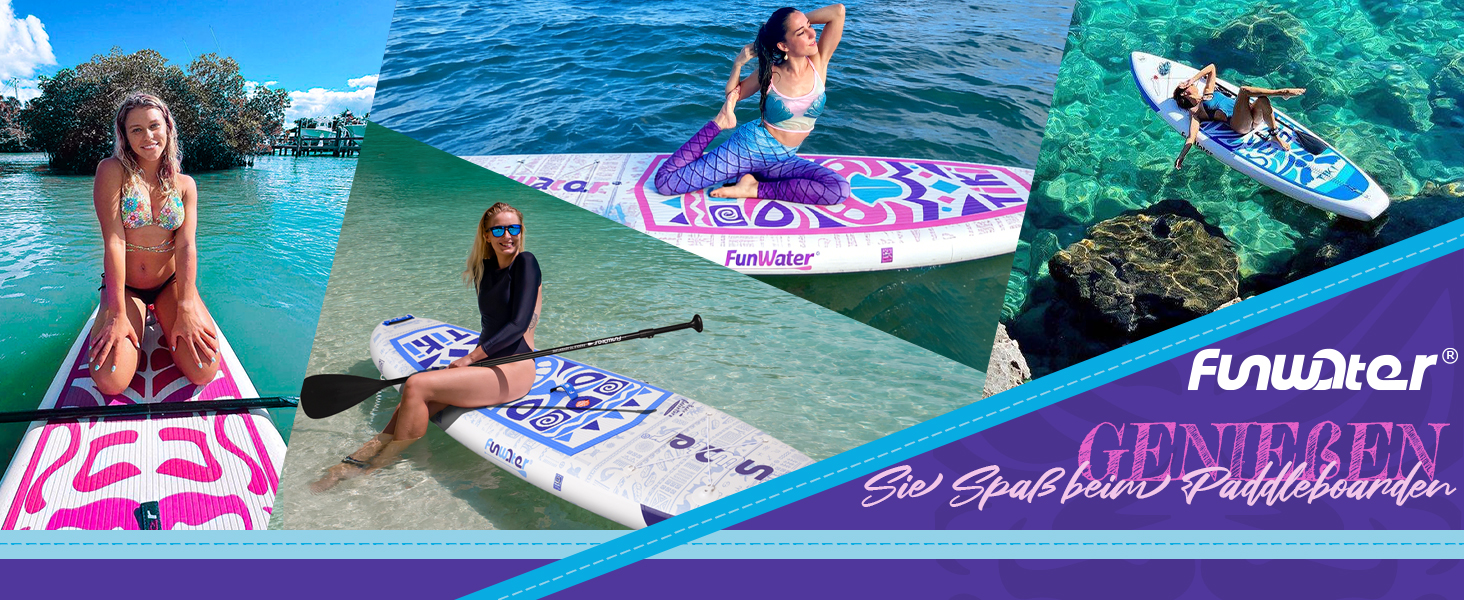 Надувний SUP Борд FunWater 10'6'-11'6' – для початківців та сімей, з антиковзким EVA-деком, веслом, насосом та аксесуарами (10'6-TIKI-Pink/Violett/Weiß)