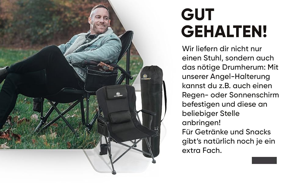 Зручний складаний стілець для кемпінгу та риболовлі, 160 кг, з подушкою та кишенею для напоїв (Чорний)