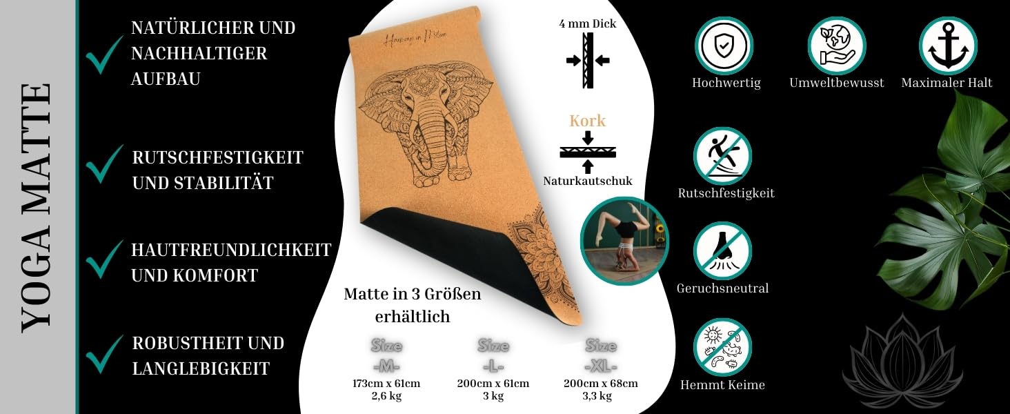 Кікура Йога-мат з корку та натурального каучуку з мотивом слона – Нековзна преміум-мат, 4 мм, з ремінком – Екологічна, 3 розміри (M, L, XL), XL - 200x68x0,4 см