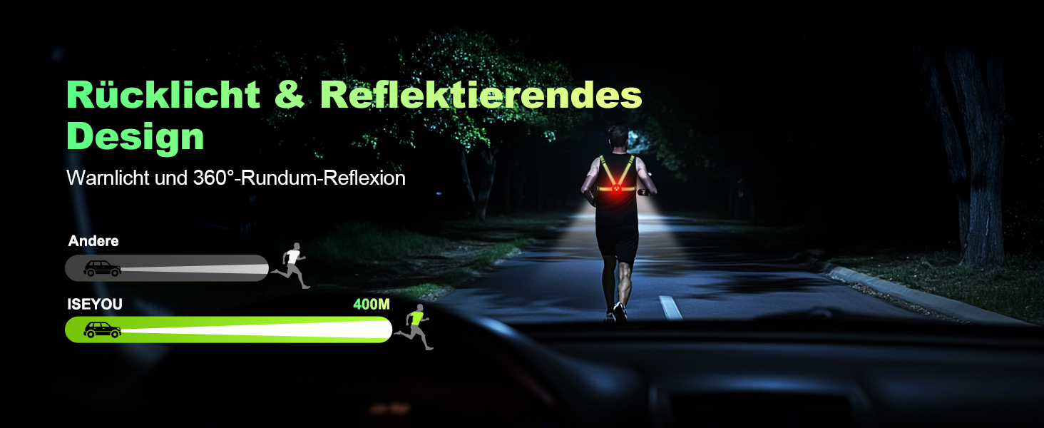 Лампа для бігу Lauflampe Joggen: нагрудна лампа з проблисковим світлом, 500 люмен, кут нахилу 45°, 2 кольори світла, USB-C, IPX4, подвійний ремінь з 360° світловідбивачами для кемпінгу, активного відпочинку, велоспорту (без заднього ліхтаря)