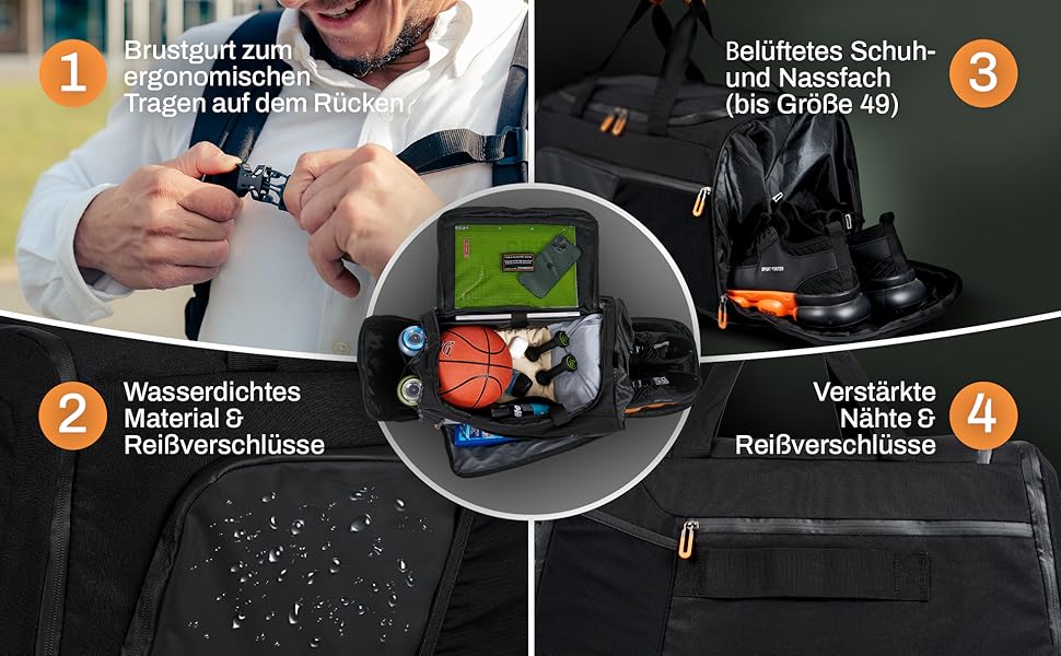 Спортивна сумка [з переробленого PET] 50L – Gym Bag та рюкзак в одному – водонепроникна сумка для тренувань чоловіча/жіноча – спортивний рюкзак з відділенням для взуття, фітнес, велика дорожня сумка (Pinewood Green)