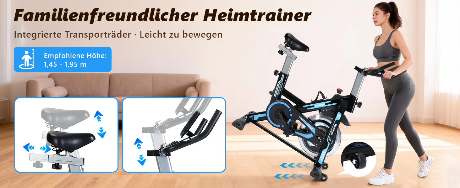 Велотренажер з магнітним опором - велотренажер з регульованим опором, тихий спінінг, висота регулюється, LCD-монітор, тримач для планшета, блакитний, великий