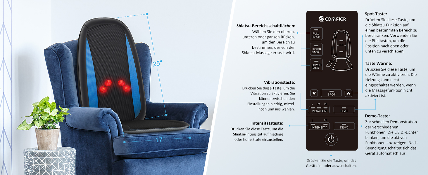 Масажне крісло Comfier з функцією шиацу для спини та шиї з підігрівом - 2D/3D масаж, регульована повітряна компресія, масажна поверхня для всього тіла, підходить для жінок та чоловіків