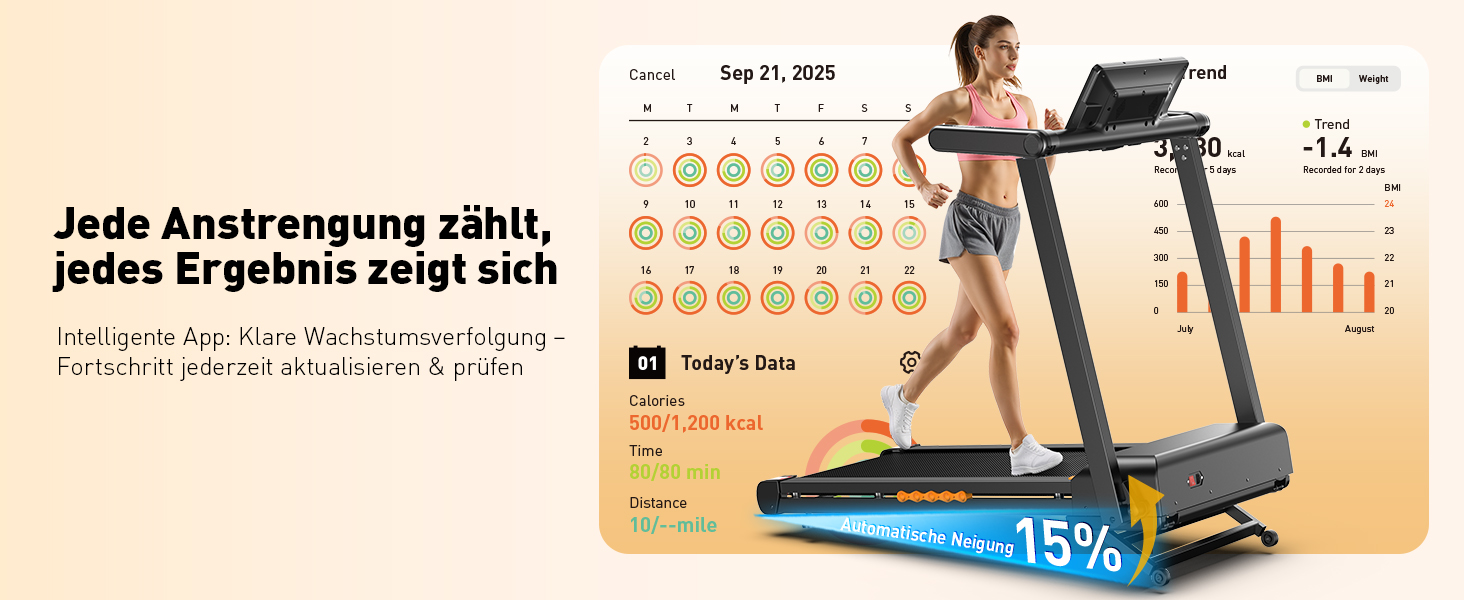 Складний біговий тренажер для дому з автоматичним нахилом 15%, потужність 3.5 PS, 12 програм HIIT, Smart App, швидкість 1-14 км/год, LED дисплей, вимірювання пульсу, вантажопідйомність 136 кг, чорний