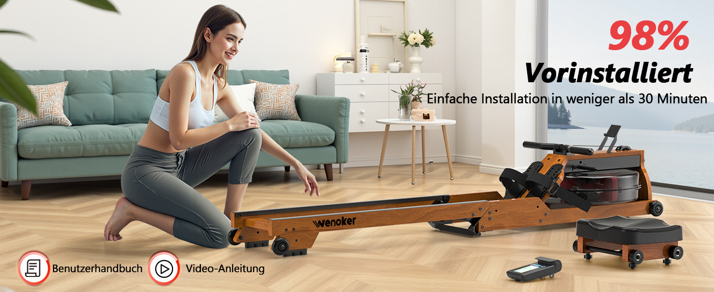 Гребний тренажер Wenoker для дому з дерева, складаний, з Bluetooth, комфортне сидіння, подвійні направляючі, до 150 кг, натуральний дуб