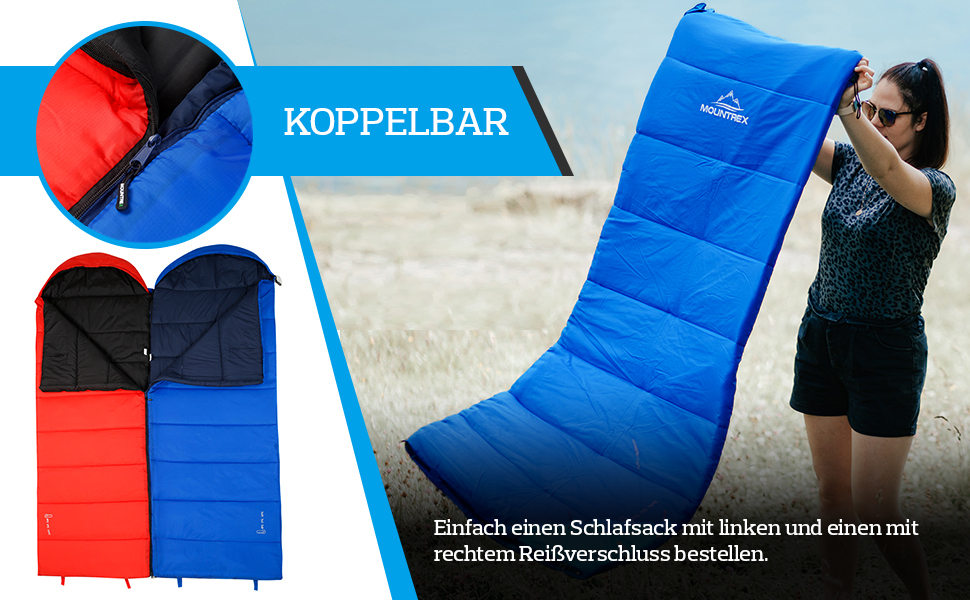 Спальний мішок MOUNTREX -5°C / 10°C для кемпінгу та відпочинку на природі. Дека-спальник 205 x 75 см, 3 сезони, легкий та теплий (1.6 кг). Підходить для чоловіків, жінок та дорослих. Можливість з'єднання блискавками (RV) - колір: блакитний.