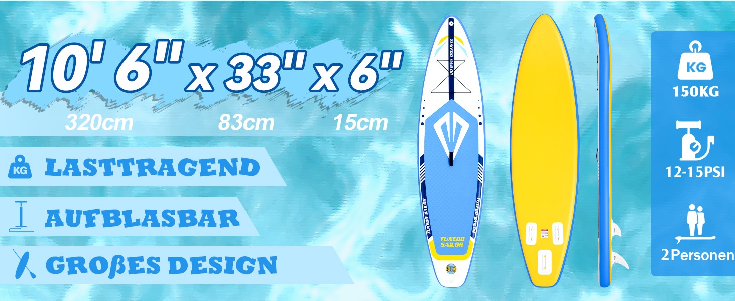 Надувне SUP-борд Tuxedo Sailor Stand Up Paddle Board з аксесуарами, для дорослих та підлітків, блакитний та жовтий