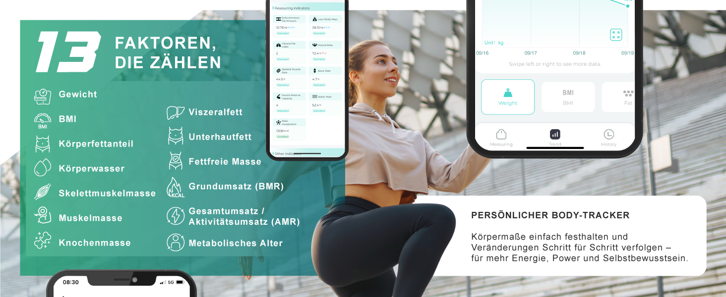 Вага Mybeo з датчиками для тіла: аналіз складу тіла, Bluetooth, цифрова вага, персональна вага, багатофункціональна вага, точні вимірювання, аналіз жиру