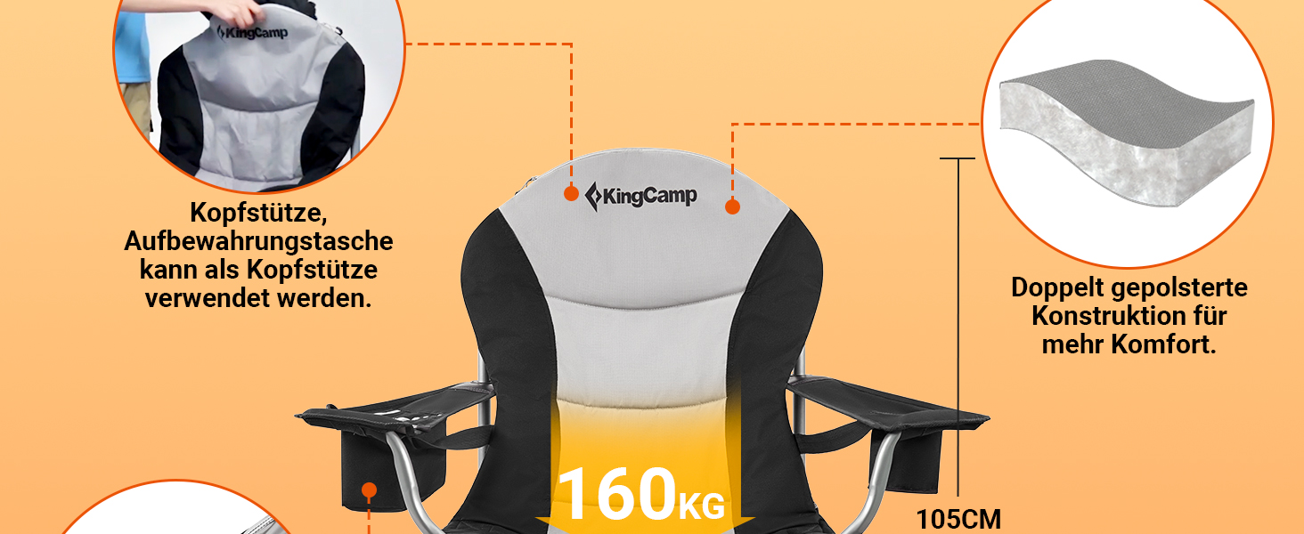 Крісло для кемпінгу KingCamp XXL, 205 кг, чорне, з підлокітниками, регульованою спинкою, кишенею для напоїв та сумкою-холодильником