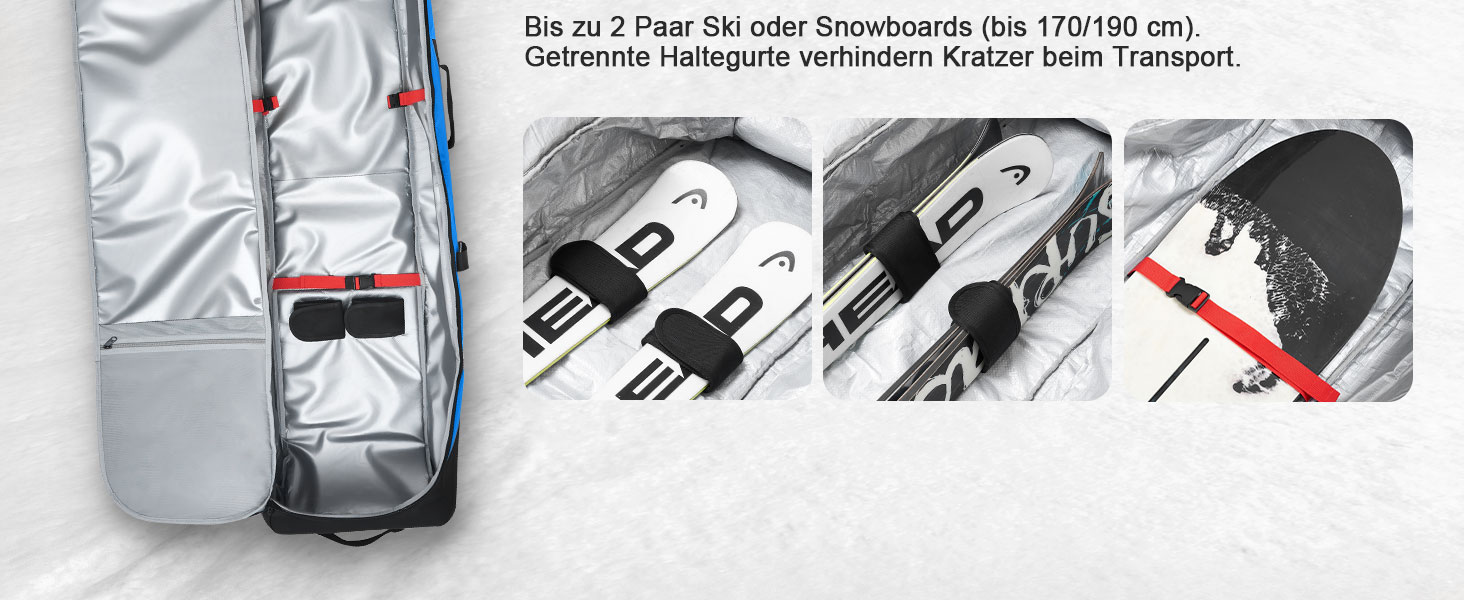 Чохол для лиж Odoland з роликами, водонепроникний, для подорожей літаком, 170 см, оранжевий