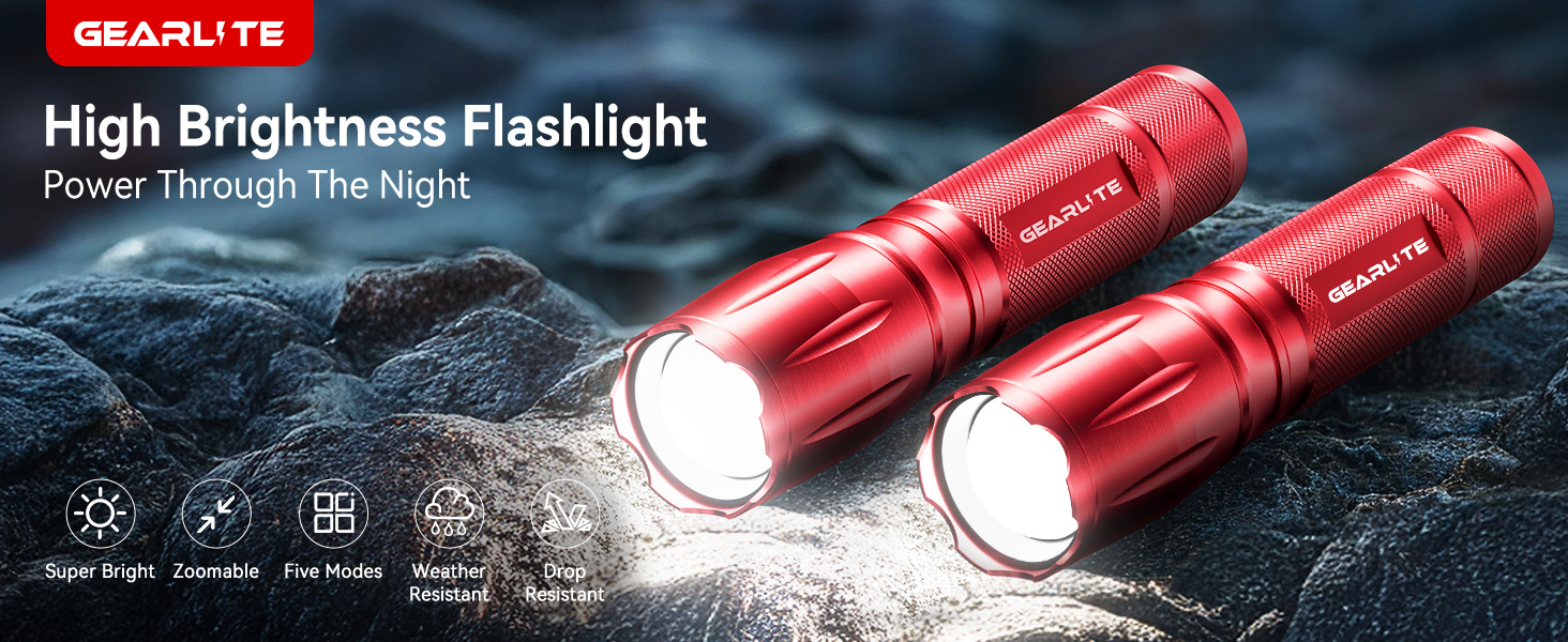 Ліхтарик GEARLITE LED на батарейках, надпотужний 2000 люмен, водонепроникний IP65, з зумом та 5 режимами роботи, червоний (набір 2 шт.) для кемпінгу, походів та екстрених ситуацій