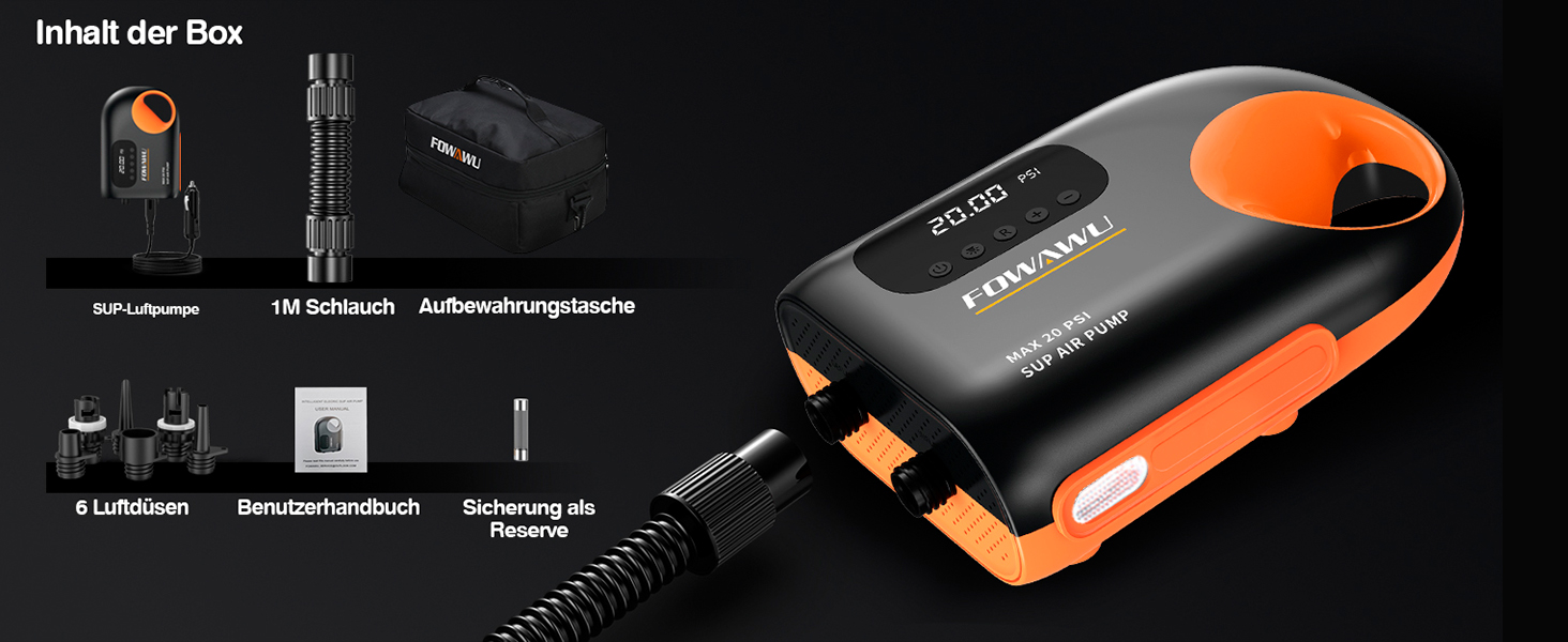Насос FOWAWU 20PSI для SUP, човнів та каяків: 12V, 2-ступенева інфляція, автовимкнення, надування та здування