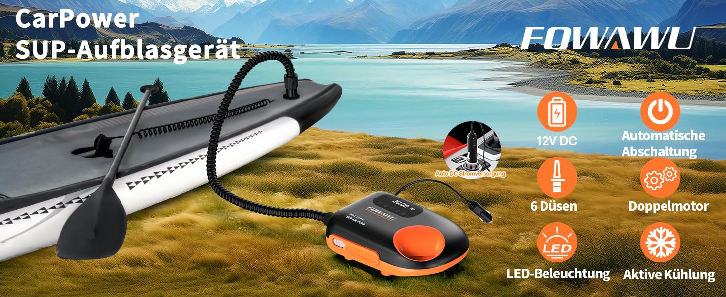 Насос FOWAWU 20PSI для SUP, човнів та каяків: 12V, 2-ступенева інфляція, автовимкнення, надування та здування