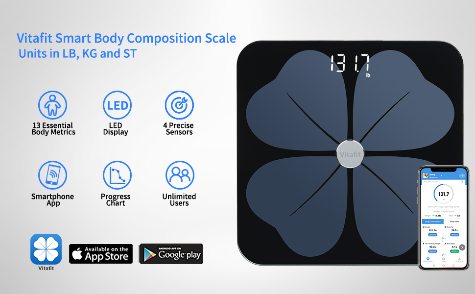 Цифрові ваги для ванної кімнати Vitafit Fat Scale, Bluetooth ваги складу тіла з додатком, розумні ваги для жиру в організмі, ІМТ, м'язової маси, білка, BMR, чорний