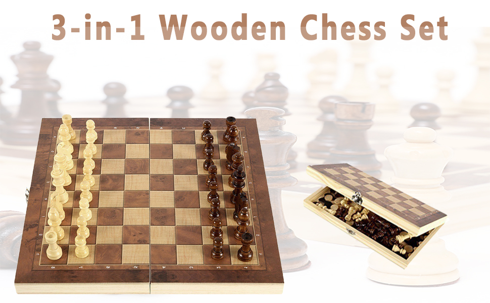 Шаховий набір 3-в-1 – складаний дерев'яний шаховий комплект для подорожей (29*29 см)