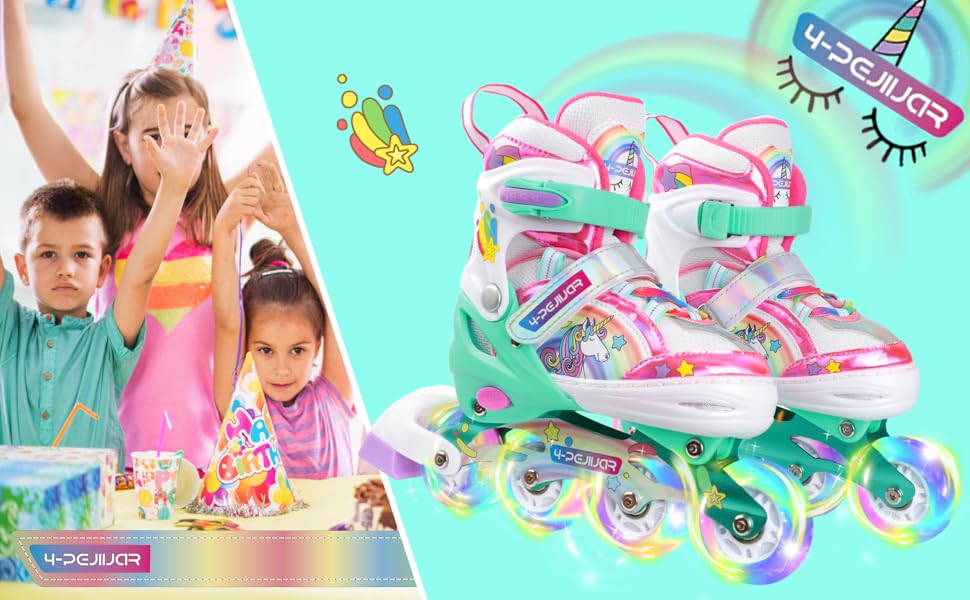 Інлайнерочки Єдиноріг для дівчаток, дитячі ролики, розмір регулюється, світлові колеса, рожево-фіолетовий колір, для початківців