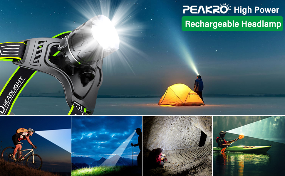 Ліхтар на голову PEAKRO LED 90000 люменів, перезаряджається USB, 5 режимів, червоний стоп-сигнал, IP65 вологозахист для кемпінгу, бігу, роботи